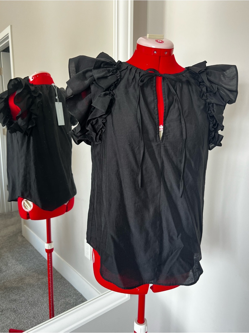 ANTONIO MELANI Black Ruffle Sleeve Tie-Neck Blouse